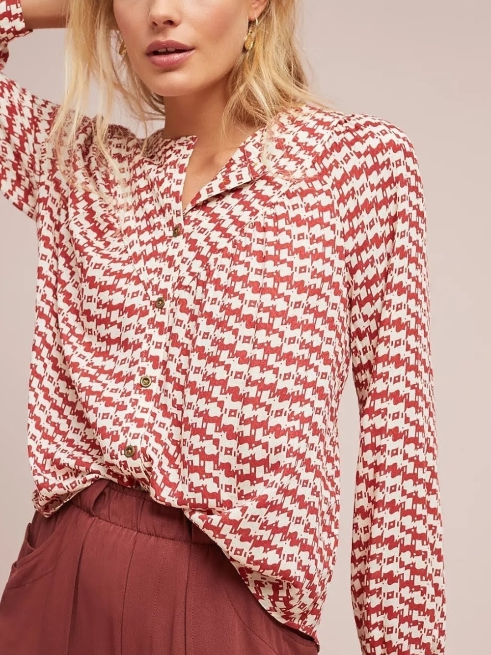 Maeve By Anthropologie Women's Rust & Cream Houndstooth Button Front Top | XS
